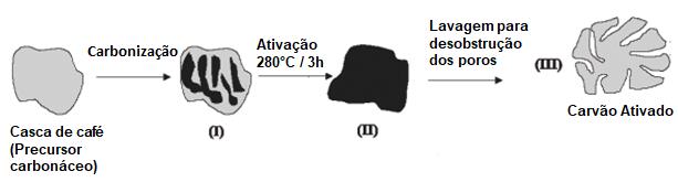 Exemplo de produção de carvão ativado através dos tratamentos físico-químicos da casca de café